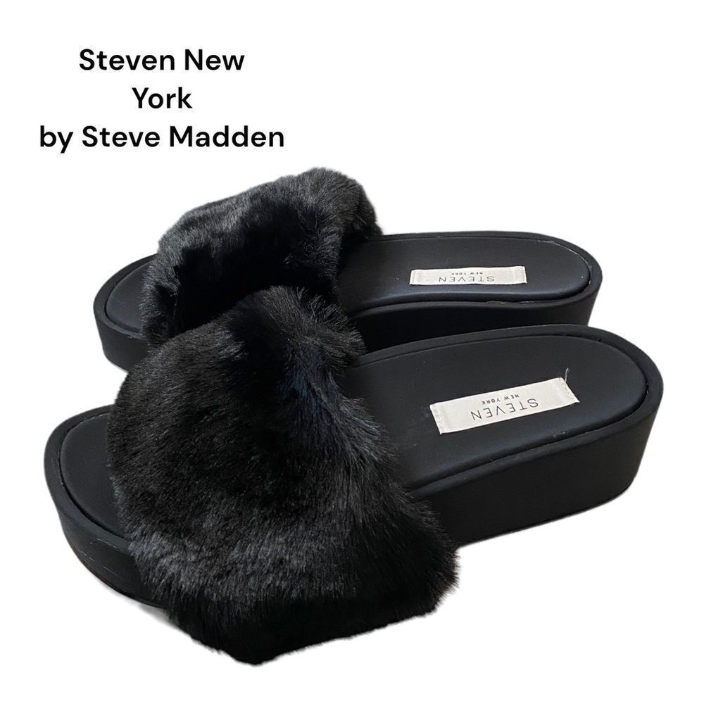 STEVEN NEW YORK by STEVE MADDEN Raine Black Slide Fur Platform Sandals NEW 6.5